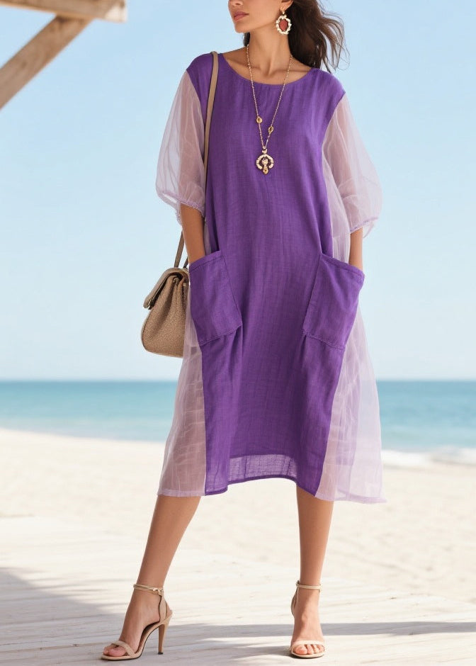 Purple Patchwork Tulle Vacation Dress Oversized Pockets Summer
