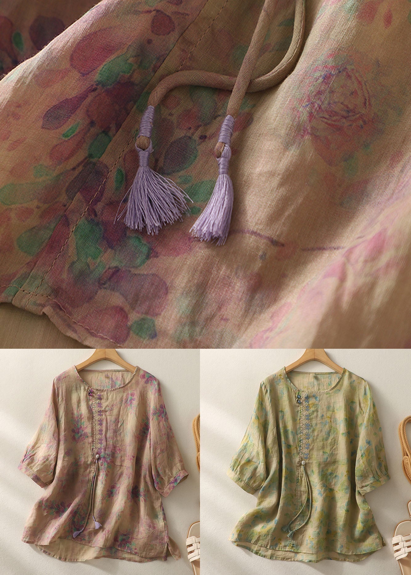 Purple Print Patchwork Cotton T Shirt Tops Tasseled O-neck Summer