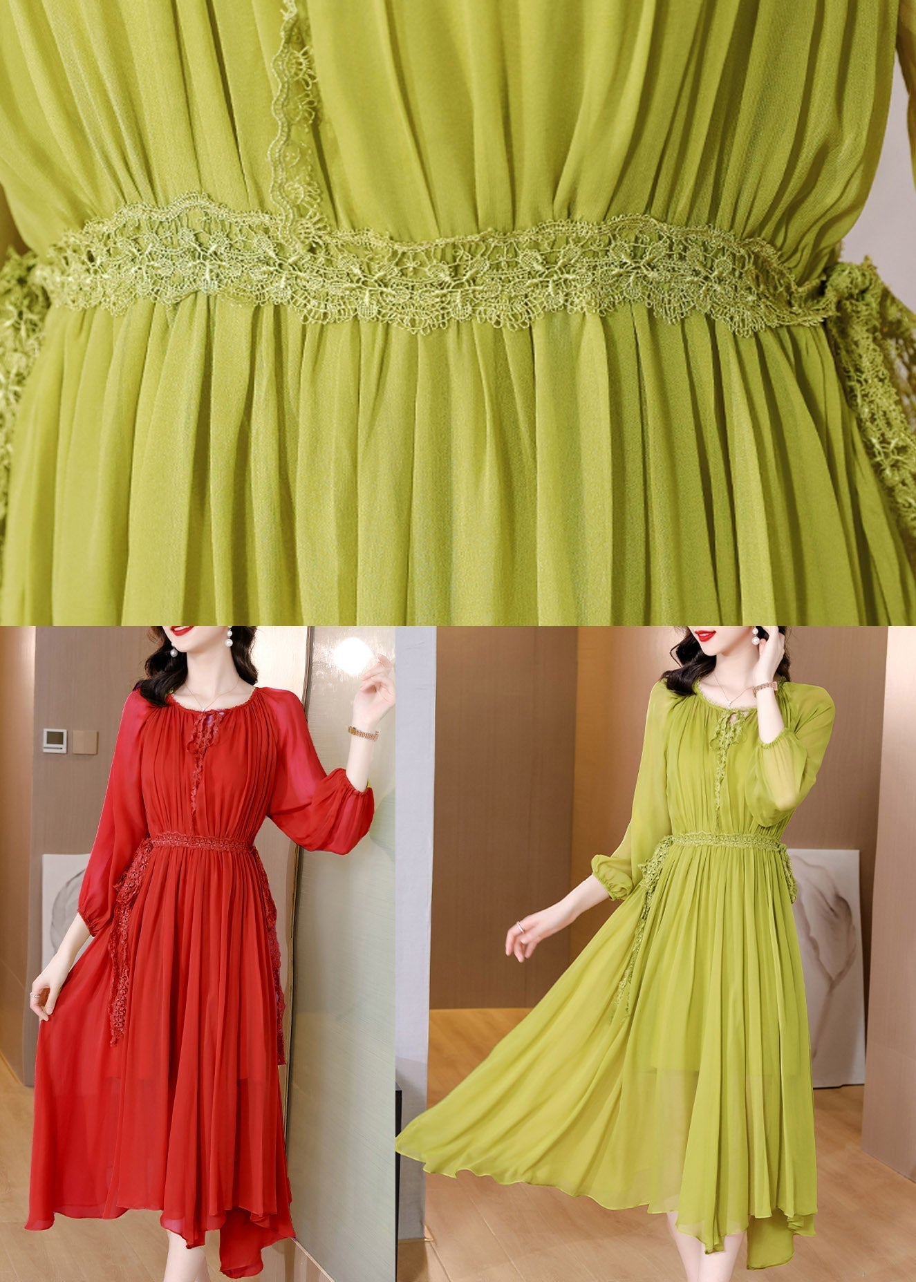Red Tie Waist Chiffon Maxi Dresses Long Sleeve