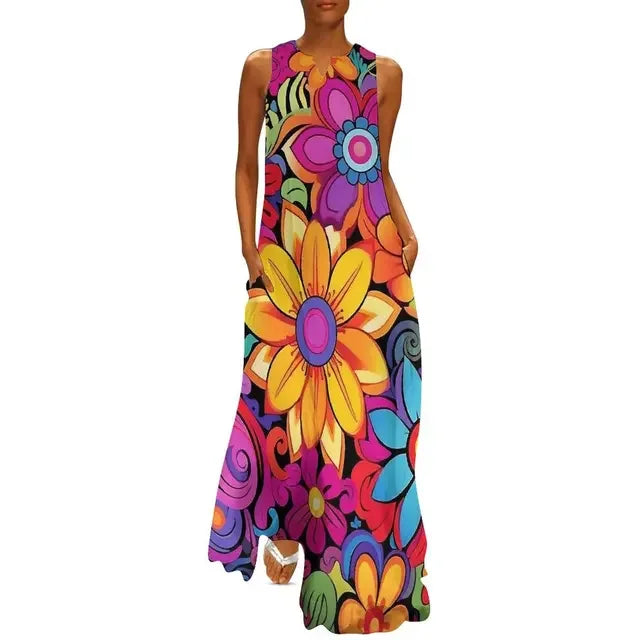 CD | Flower Power Women Rochie Vara Retro Floral Print Street Wear Bohemia Rochie lungă Womens Sleeveless Sexy Maxi Dress Big Size 3XL