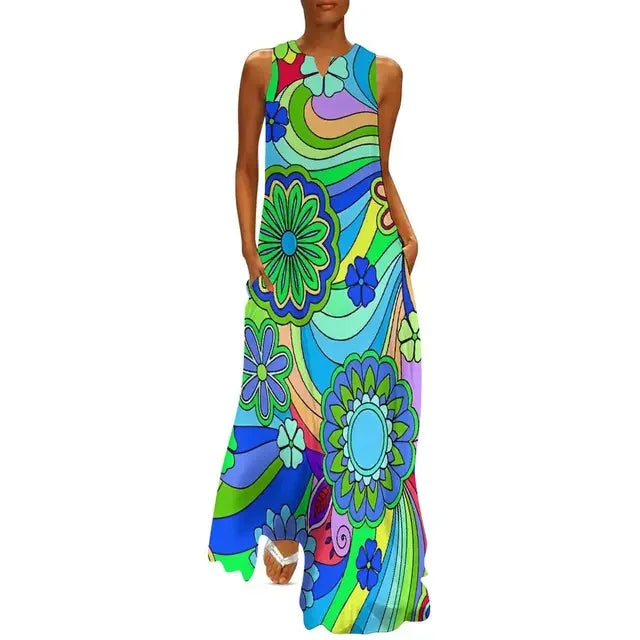 CD | Flower Power Women Rochie Vara Retro Floral Print Street Wear Bohemia Rochie lungă Womens Sleeveless Sexy Maxi Dress Big Size 3XL