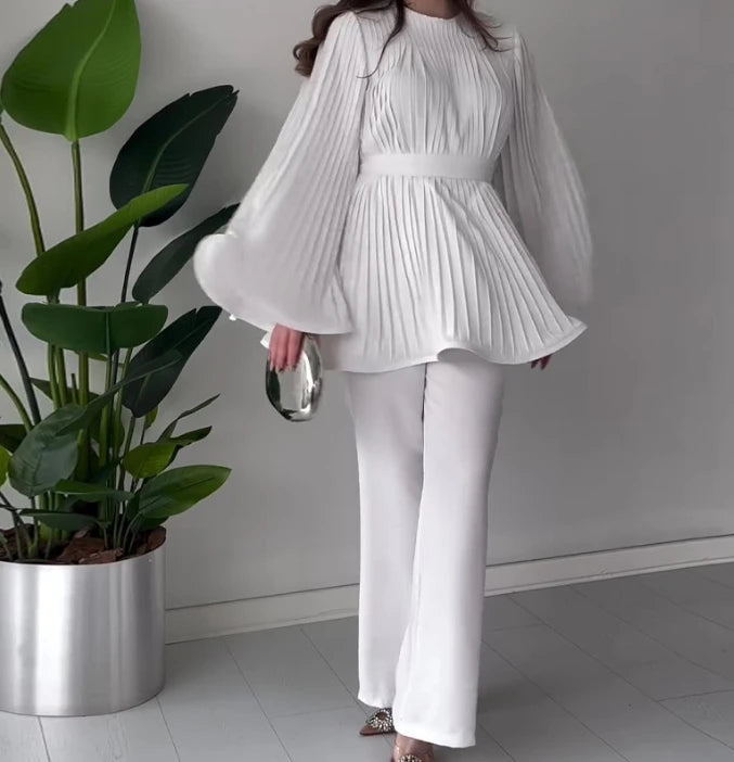CD | Set trendy format dintr-o bluză cu mânecă lungă și pantaloni largi pentru femei