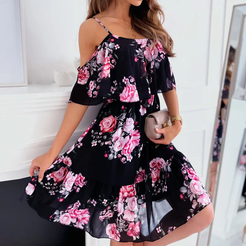 CD | Femei de vară V-Neck Sleeveless Sling Camisole Commuting imprimate sifon Boemian Floral rochie pentru femei