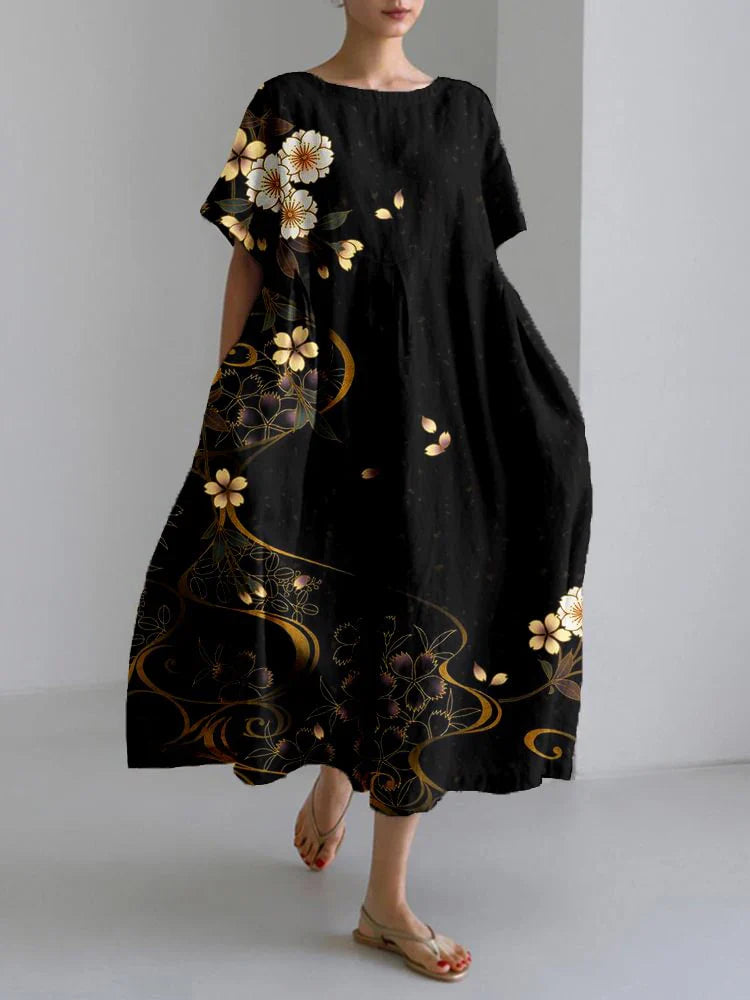 CD | 2024 New Women Round Neck Long Casual Dress Summer Large Size Fresh Fish Print Dress Street Holiday Short Sleeve Dress