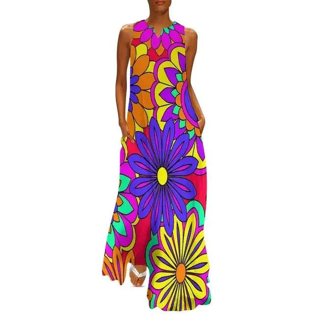CD | Flower Power Women Rochie Vara Retro Floral Print Street Wear Bohemia Rochie lungă Womens Sleeveless Sexy Maxi Dress Big Size 3XL