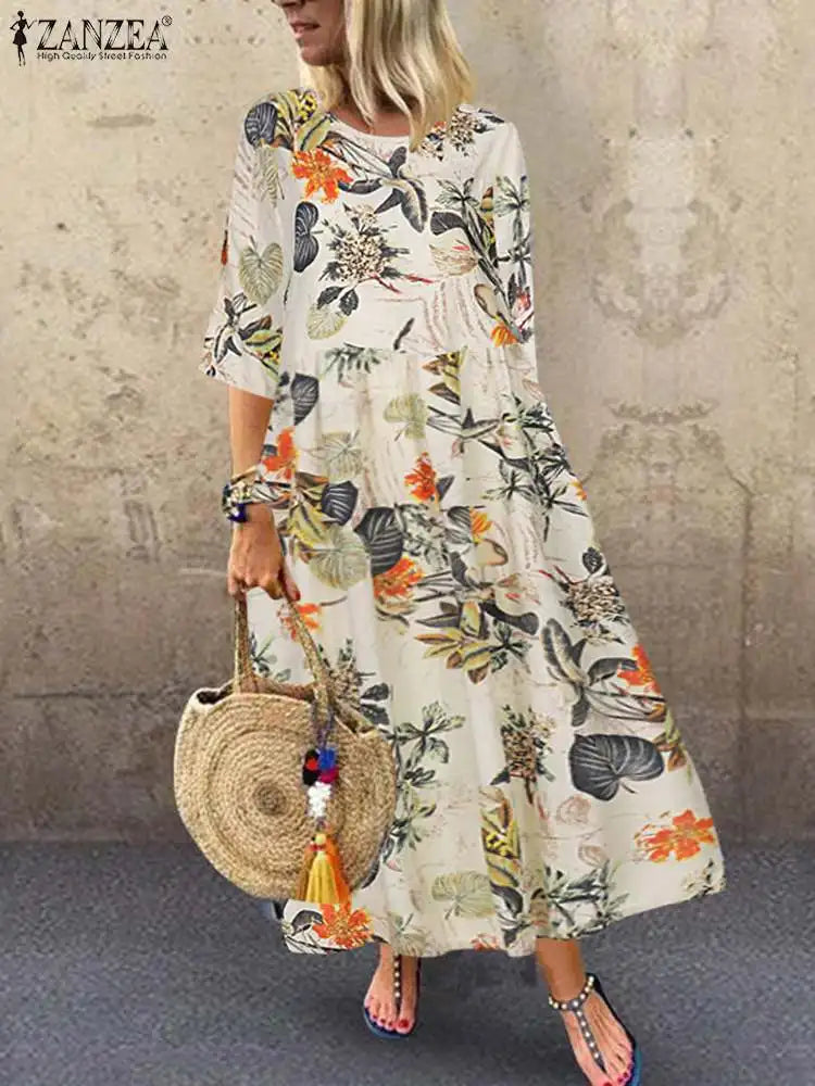 CD | Femme Short Sleeve Sundress ZANZEA Summer Women Floral Printed Dress Bohemian Elegant Casual Oversized Holiday Kaftan Dresses
