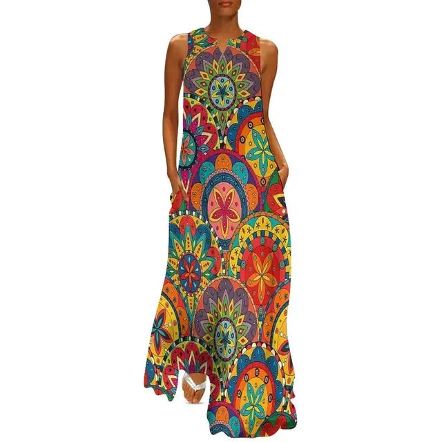 CD | Flower Power Women Rochie Vara Retro Floral Print Street Wear Bohemia Rochie lungă Womens Sleeveless Sexy Maxi Dress Big Size 3XL