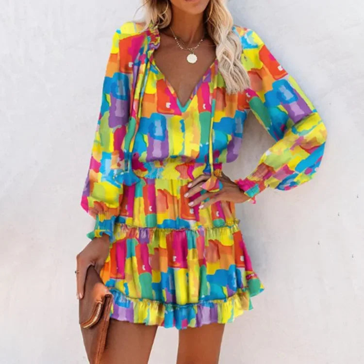 CD | Femei de primăvară Moda Casual florale imprimare Lantern maneca lung maneca V gât Ruffle Mini talie rochie