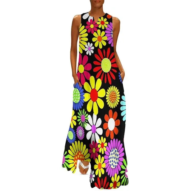 CD | Flower Power Women Rochie Vara Retro Floral Print Street Wear Bohemia Rochie lungă Womens Sleeveless Sexy Maxi Dress Big Size 3XL
