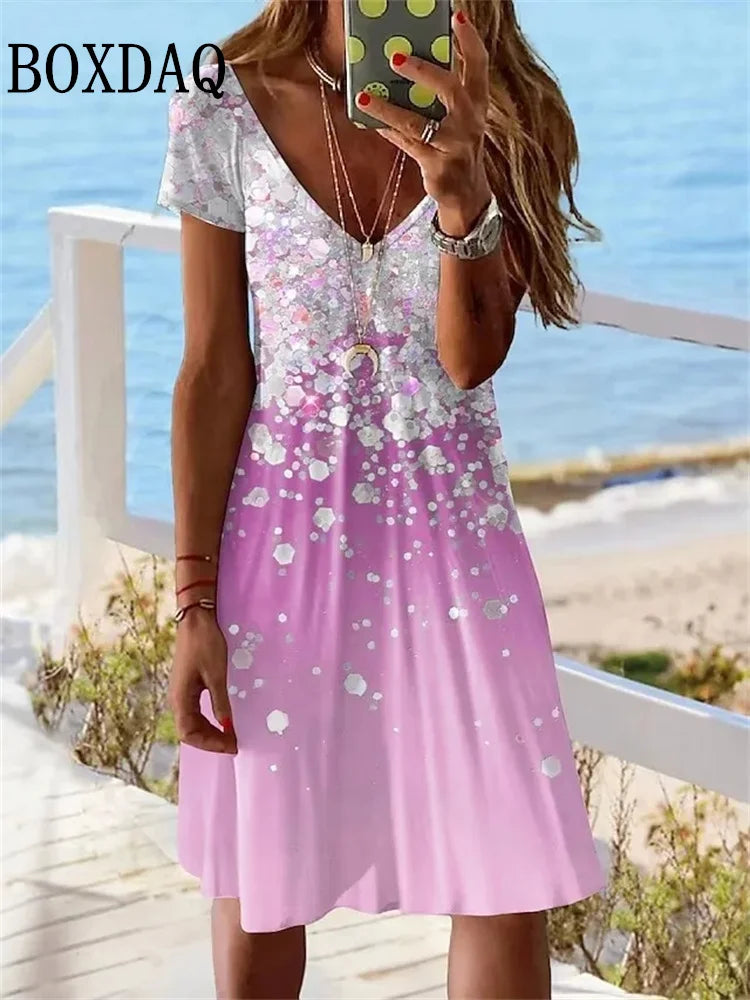 CD | 2024 Femei cu mânecă scurtă Rochie nouă de vară Pulover Fashion Plus Dimensiune rochie Casual Loose V-Neck Ladies Summer Print Party Dress