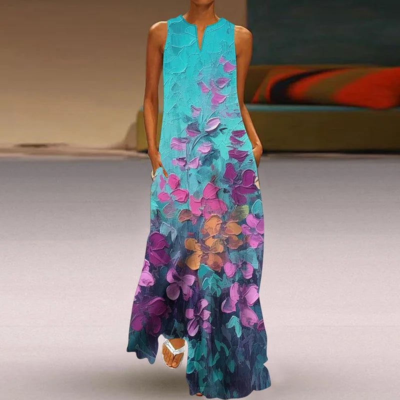 CD | 2025 Vara New Vintage Flower imprimate rochii lungi Femei Moda V-Neck Loose Sleeveless rochie Casual Commuting Vestidos Femei