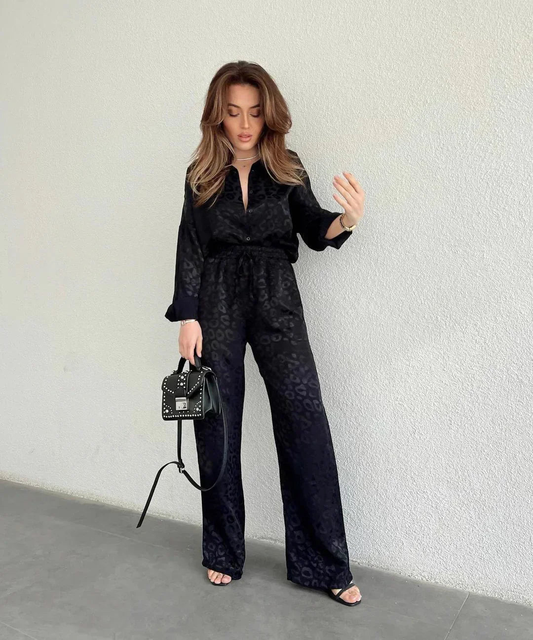 CD | Bluză elegantă cu butonieră single-breasted și pantaloni cu picioare largi