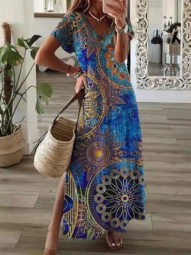 CD | Geometric neregulate imprimate T-shirt rochie lungă Femei de vară rotund gât scurt maneca A-Line rochie Casual Holiday Robe