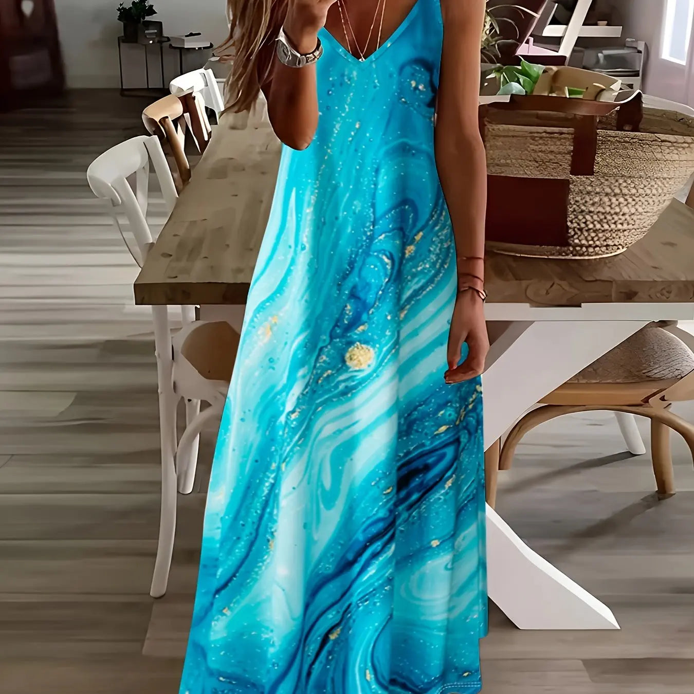 CD | Fresh Geometric Print imprimate V-neck Suspender rochie lungă de vară de vacanță gleznă-lungime plajă și mare Suspender rochie