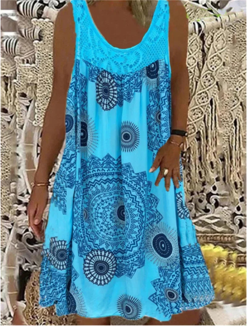 CD | Elegant Lace Splice O Neck Dresses Women Summer Comfortable Casual Sleeveless Dress Vintage Print Female Loose Midi Dress 2024