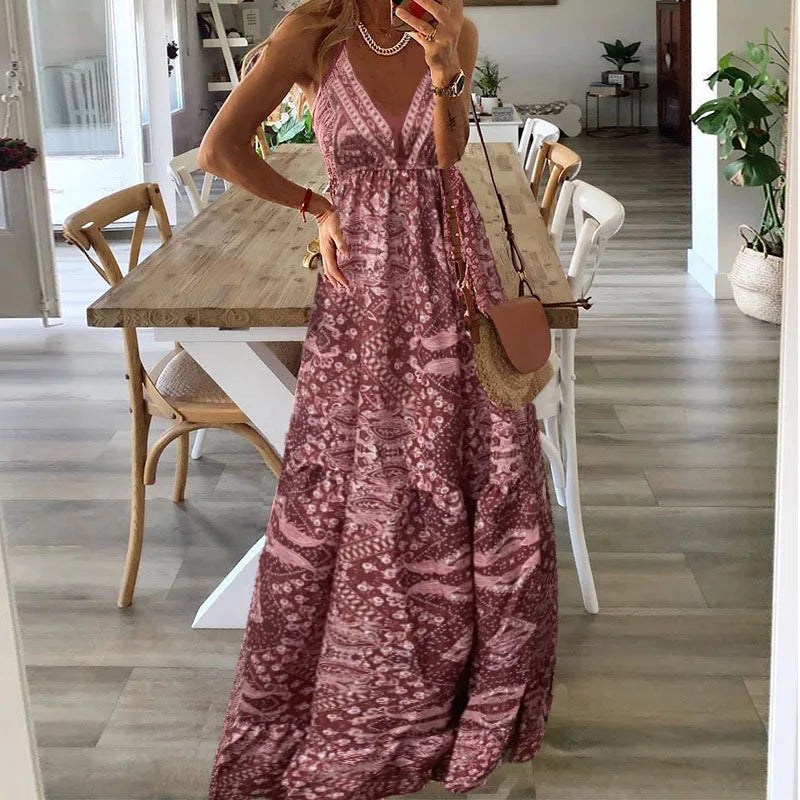 CD | European și American New 2023 Bohemian Style New Strap Long Dress High Waist V-Neck Printed Fragmented Floral Dress Women Wea