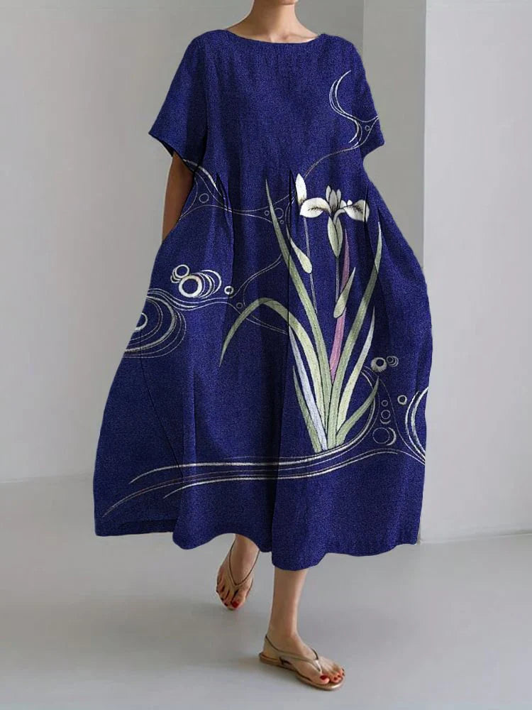 CD | 2024 New Women Round Neck Long Casual Dress Summer Large Size Fresh Fish Print Dress Street Holiday Short Sleeve Dress
