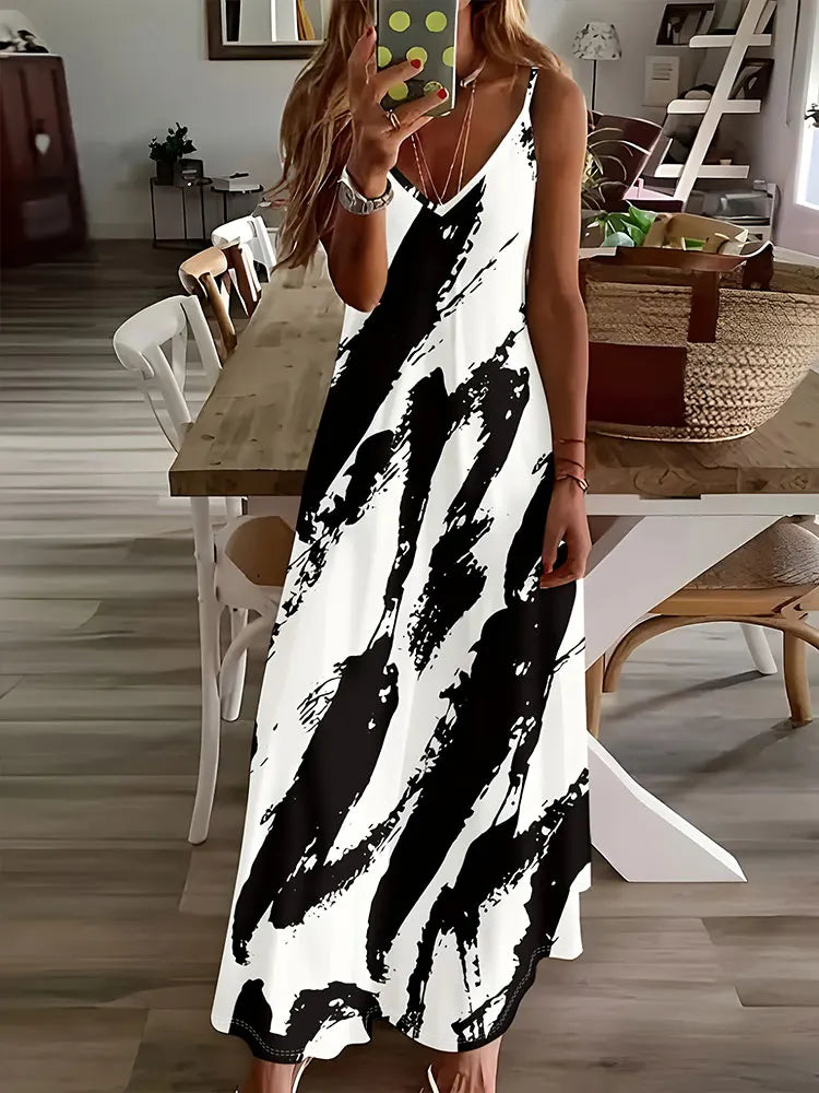 CD | 2024 New Vintage Ethnic Print Ladies Elegant Dress Summer Ladies Casual Sleeveless Dress Street Fashion Ladies Long Dress