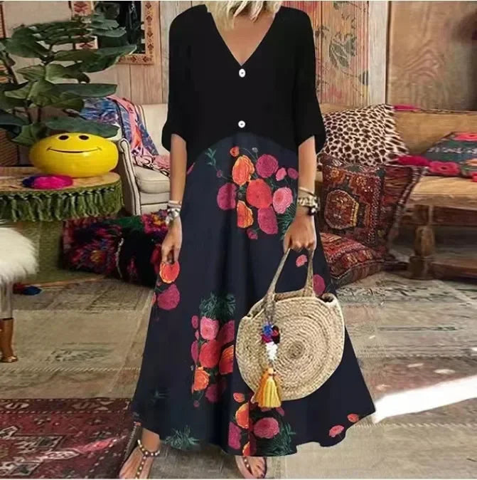 CD | 2025 Primăvară Oversize rochie lungă pentru femei imprimare V-Neck cu mânecă scurtă buton vrac A-Line rochii Femei Casual Elegant îmbrăcăminte pentru femei