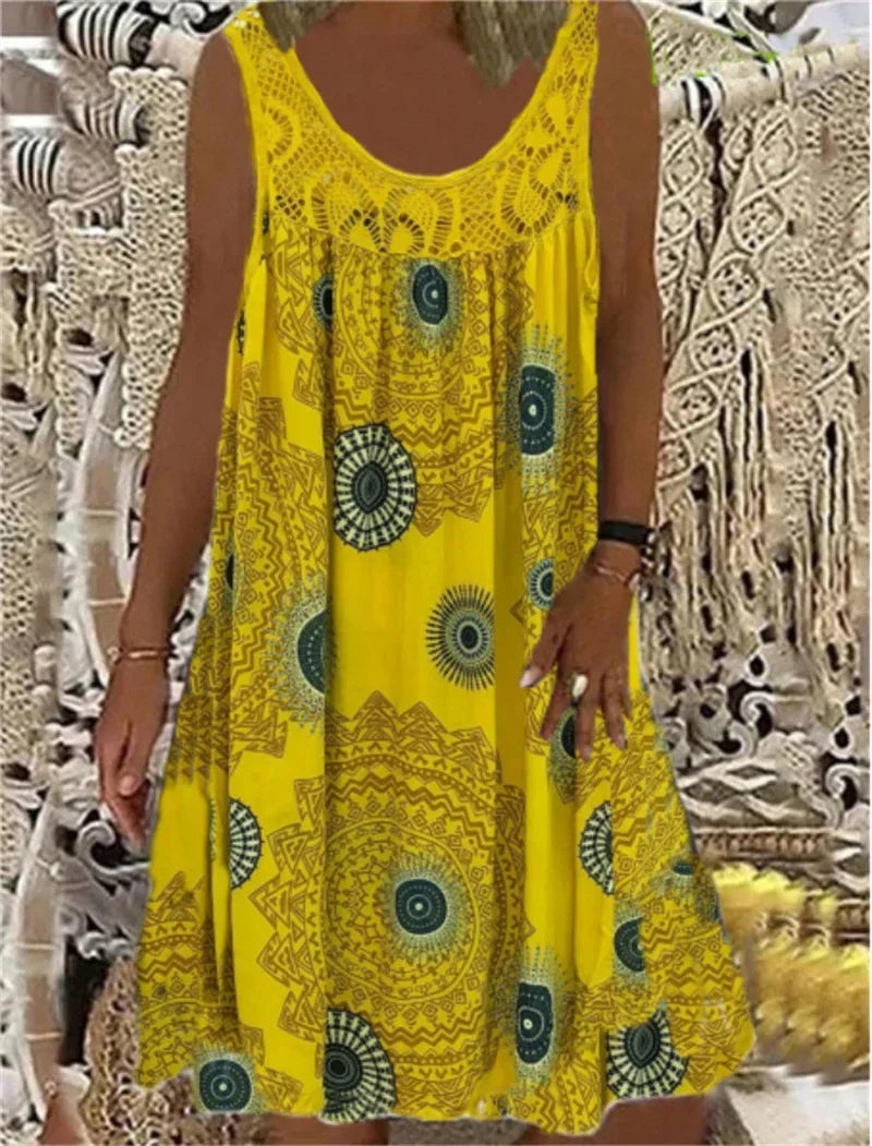 CD | Elegant Lace Splice O Neck Dresses Women Summer Comfortable Casual Sleeveless Dress Vintage Print Female Loose Midi Dress 2024