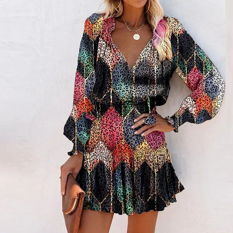 CD | Femei de primăvară Moda Casual florale imprimare Lantern maneca lung maneca V gât Ruffle Mini talie rochie
