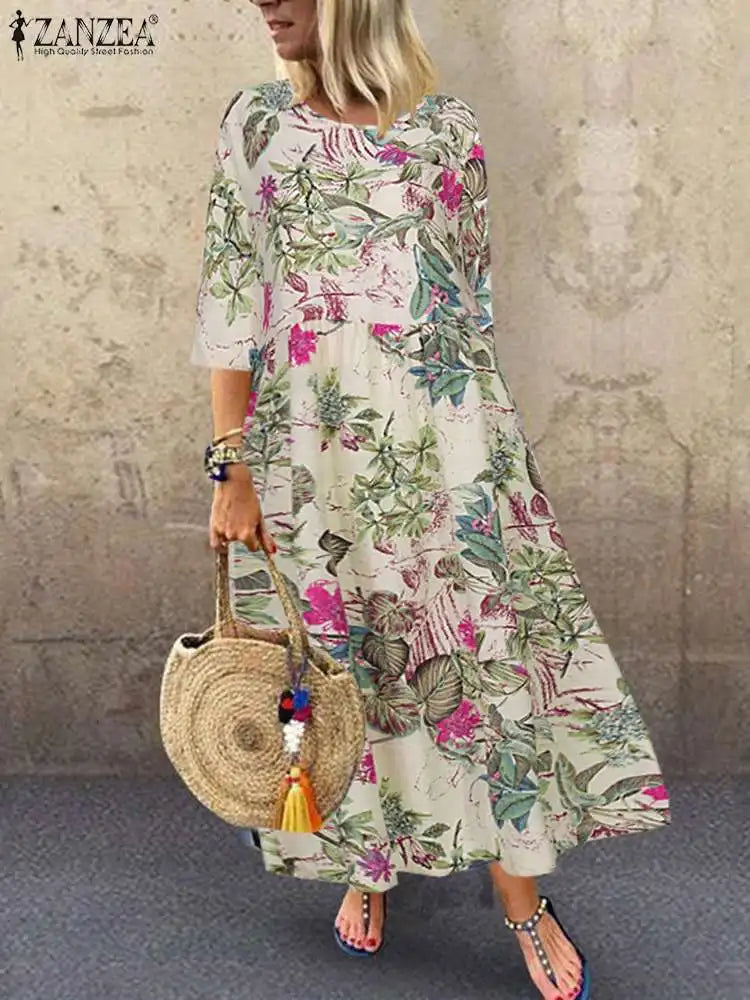 CD | Femme Short Sleeve Sundress ZANZEA Summer Women Floral Printed Dress Bohemian Elegant Casual Oversized Holiday Kaftan Dresses