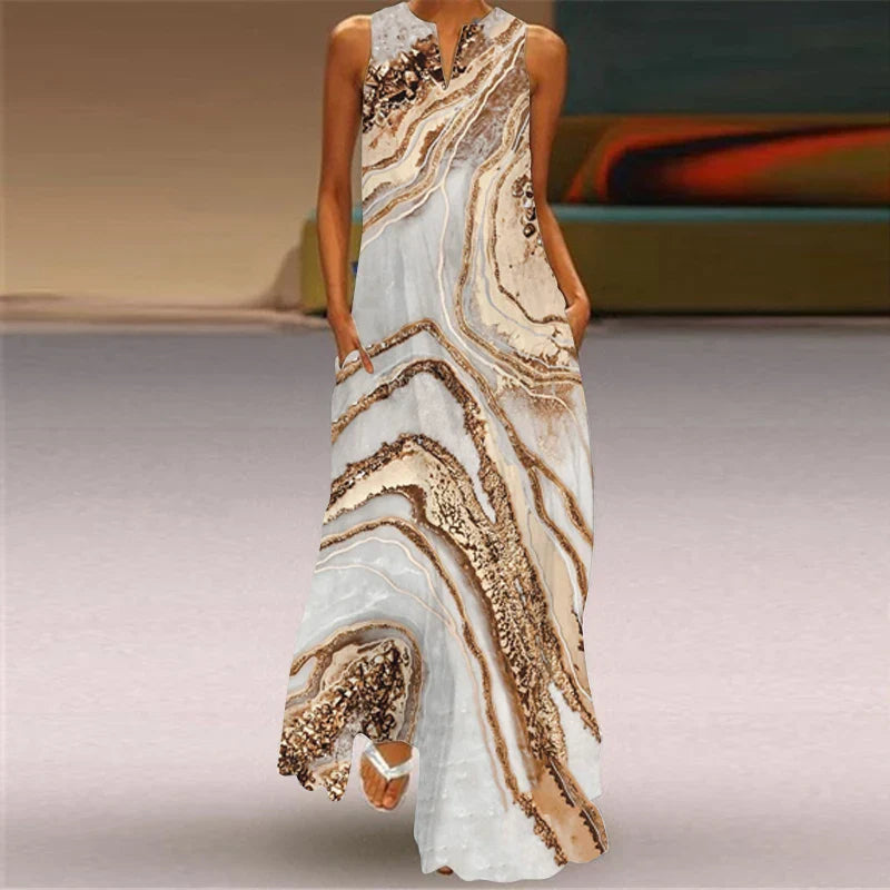 CD | 2024 New European and American Cross border Summer Long Dress Women Sleeveless V-Neck Printed Sexy