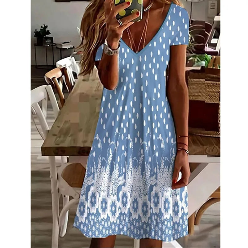 CD | Femei Summer Short Sleeve V-Neck Casual Dress 3D Vintage Floral Printed Elegant Knee-Length Dress S-3XL Lady Vestidos