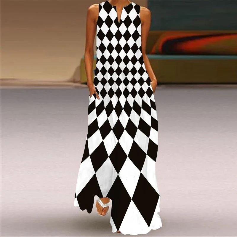 CD | 2024 New European and American Cross border Summer Long Dress Women Sleeveless V-Neck Printed Sexy