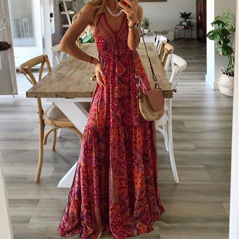 CD | European și American New 2023 Bohemian Style New Strap Long Dress High Waist V-Neck Printed Fragmented Floral Dress Women Wea