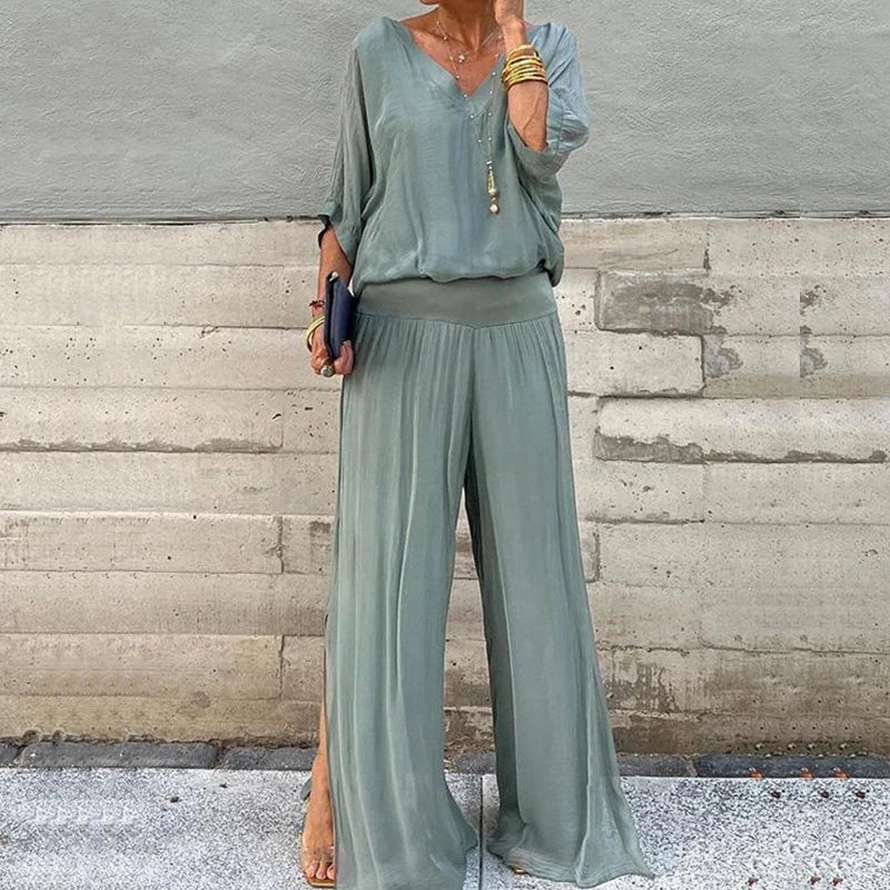 CD | Elegant sifon top cu pantaloni set din două piese