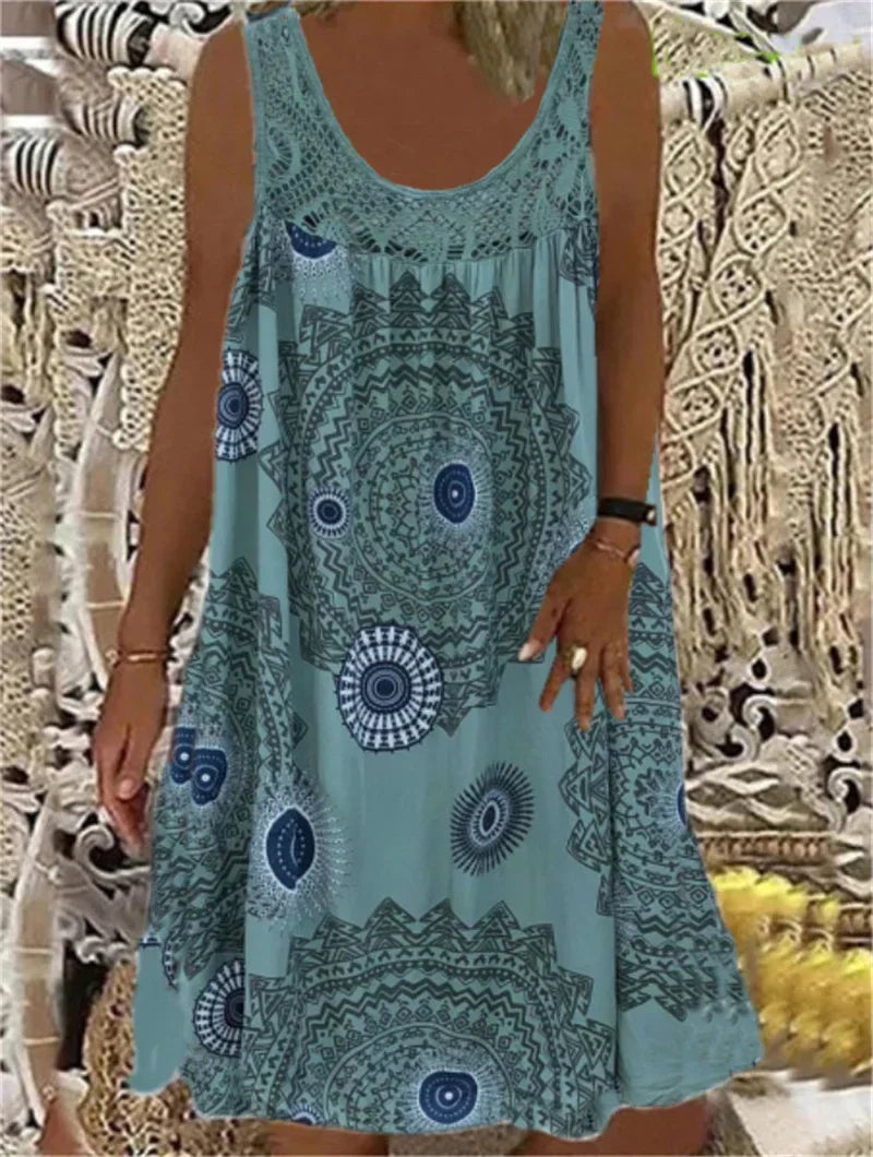CD | Elegant Lace Splice O Neck Dresses Women Summer Comfortable Casual Sleeveless Dress Vintage Print Female Loose Midi Dress 2024