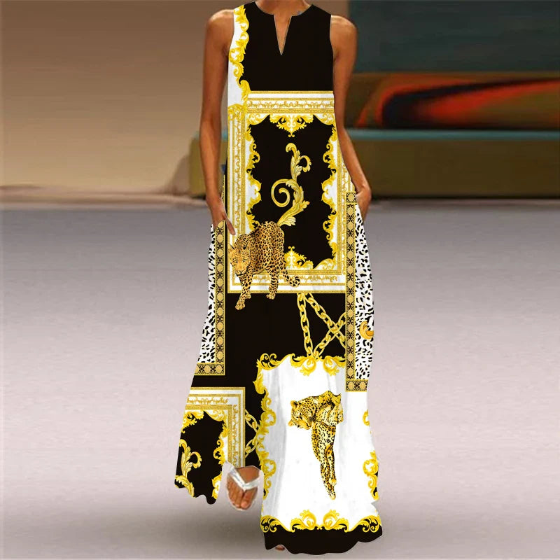 CD | 2024 New European and American Cross border Summer Long Dress Women Sleeveless V-Neck Printed Sexy
