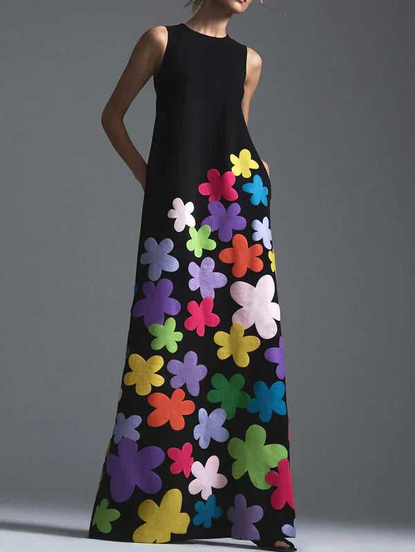 CD | Rochie maxi neagră cu imprimeu floral și decolteu rotund