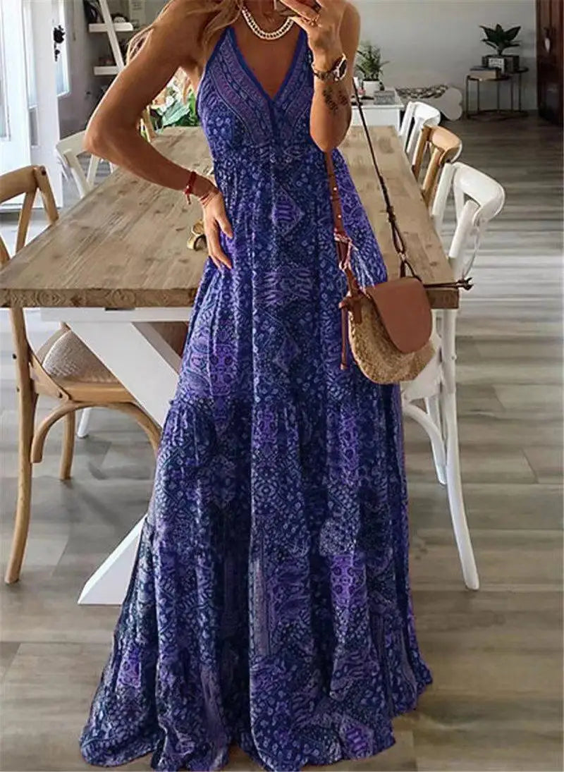 CD | European și American New 2023 Bohemian Style New Strap Long Dress High Waist V-Neck Printed Fragmented Floral Dress Women Wea