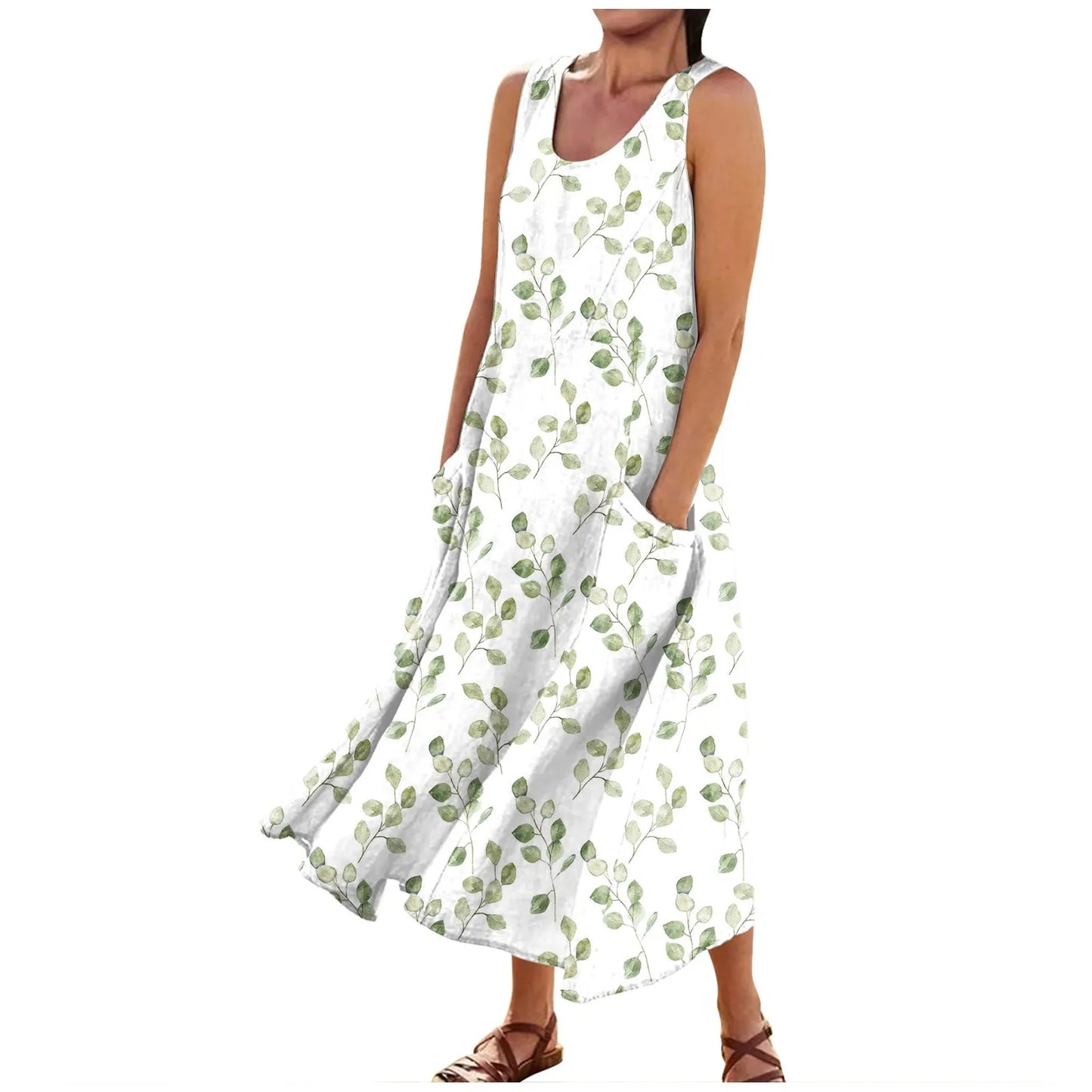 CD | Femei Boho florale imprimate plaja rochie lungă moda rotund gât Suspender rochii elegante Casual vrac confortabil rochie 2024