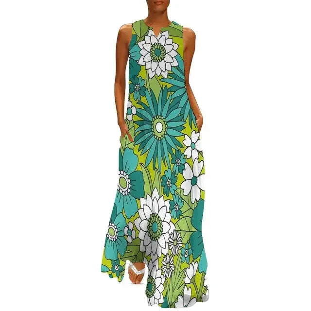 CD | Flower Power Women Rochie Vara Retro Floral Print Street Wear Bohemia Rochie lungă Womens Sleeveless Sexy Maxi Dress Big Size 3XL