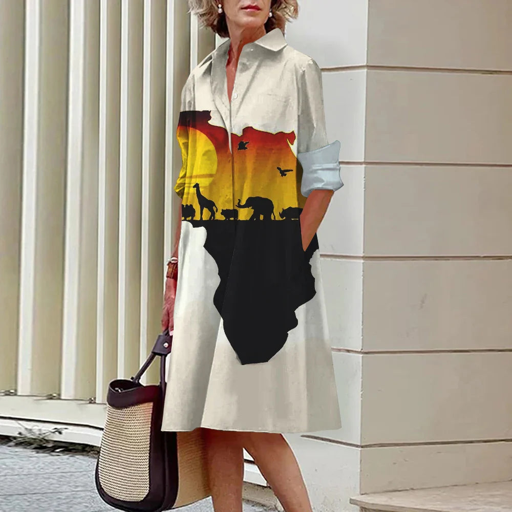 CD | Vara noi femei elegante cămașă Casual femei imprimate maneca lunga moda Lapel Street femei rochii cina partid rochii