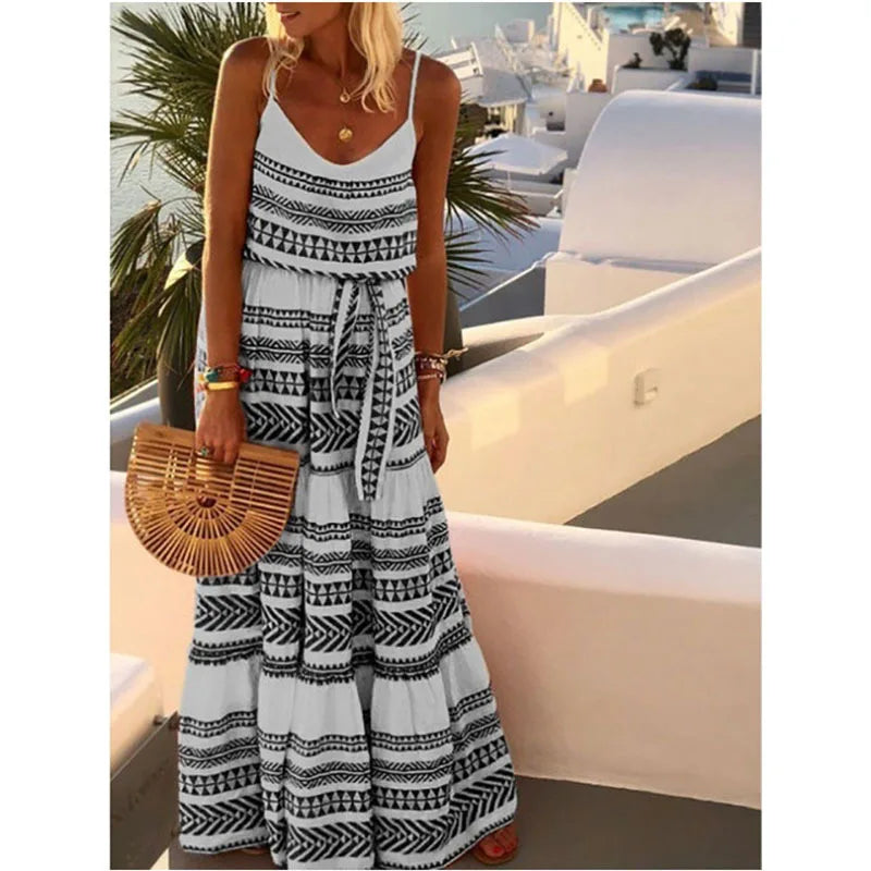 CD | Bohemian Style Print Spaghetti Strap Rochii lungi Femei V-neck Leace-up Casual Beach Camisole Dress 2024 Summer New Lady Vestido
