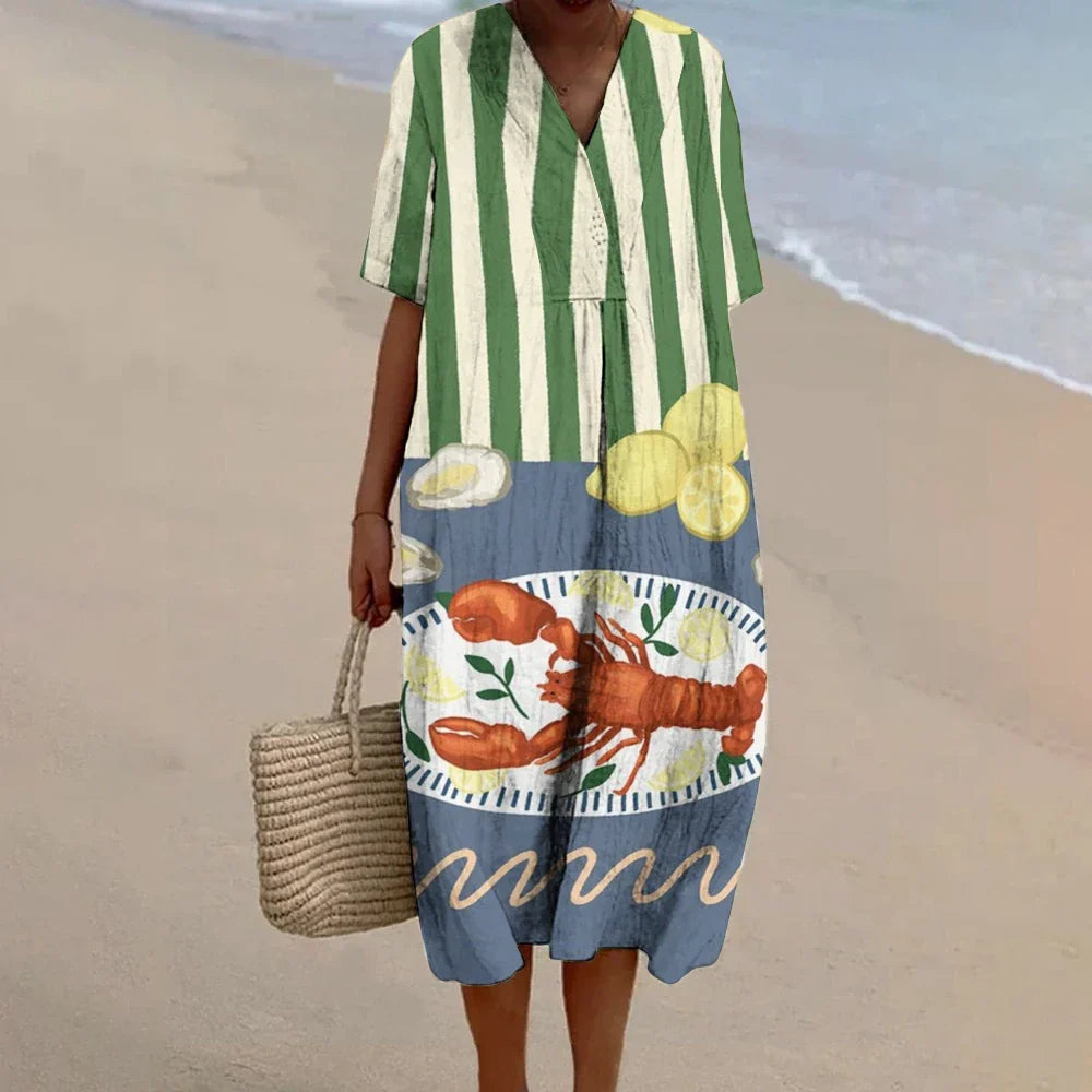 CD | Femei Crab imprimare rochie Vara bumbac cusut rochie Boho bumbac rochie de vacanță Outfits Woman 2024 Hawaii de lux rochii de plajă