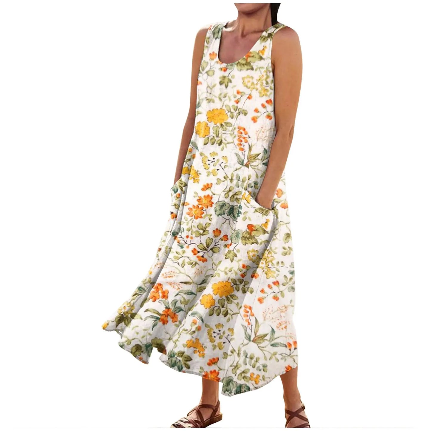 CD | Femei Boho florale imprimate plaja rochie lungă moda rotund gât Suspender rochii elegante Casual vrac confortabil rochie 2024