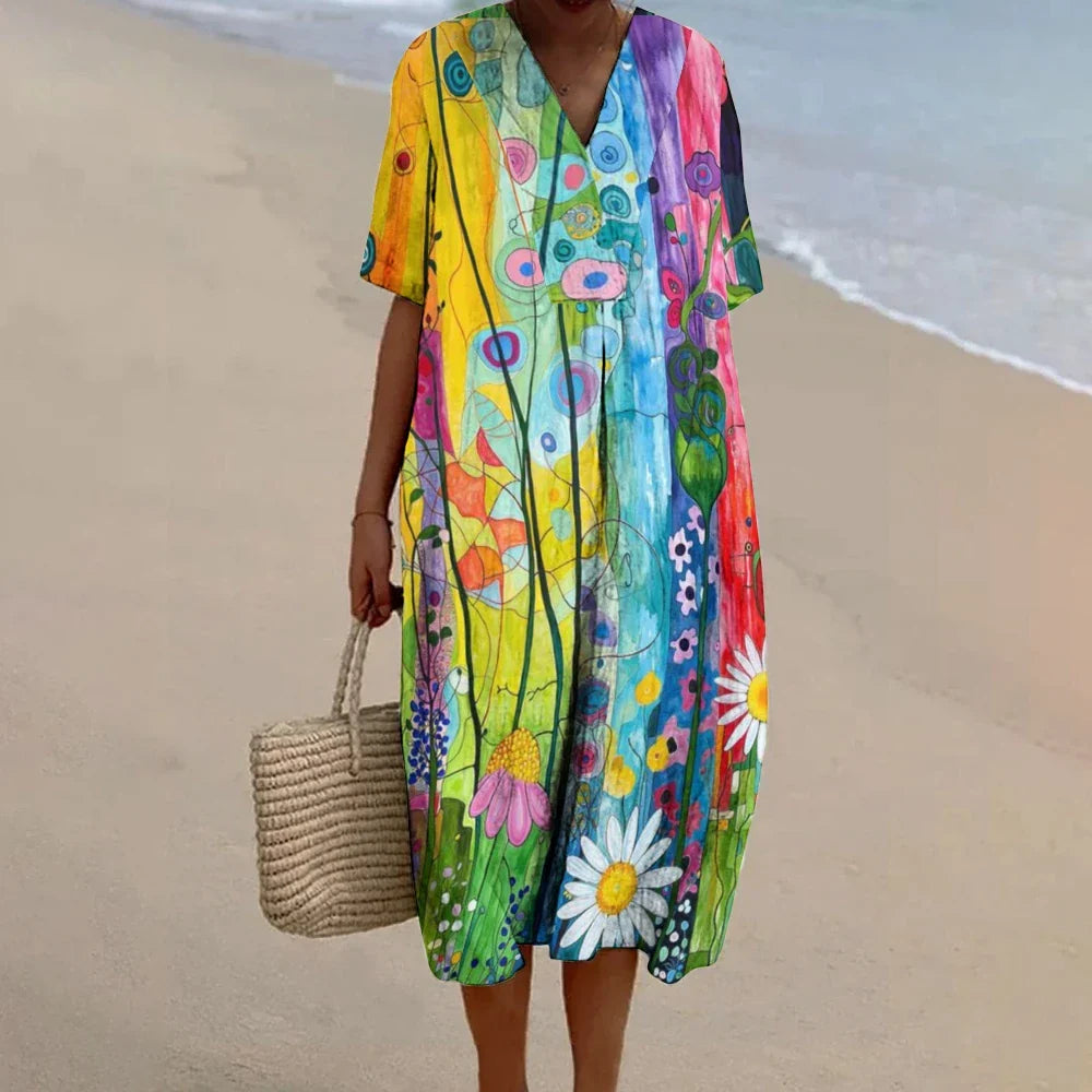 CD | Bohemian stil de vacanță rochii de plajă Baggy Flowy rochie de lenjerie Venezuela Elegant bumbac V gât A-line de lux Brand Robe