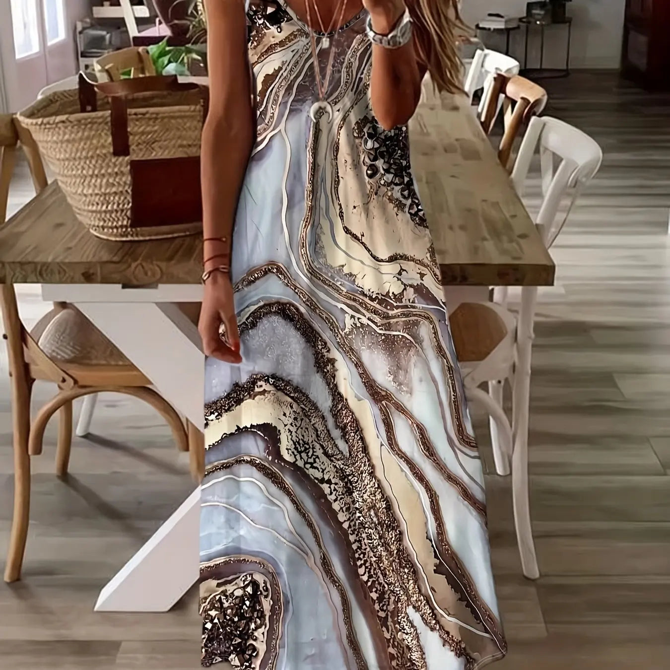 CD | Fresh Geometric Print imprimate V-neck Suspender rochie lungă de vară de vacanță gleznă-lungime plajă și mare Suspender rochie