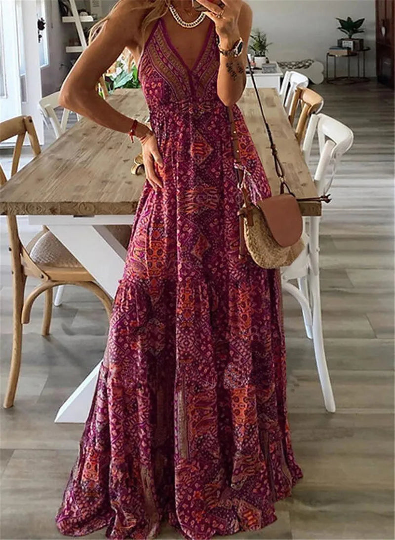 CD | European și American New 2023 Bohemian Style New Strap Long Dress High Waist V-Neck Printed Fragmented Floral Dress Women Wea