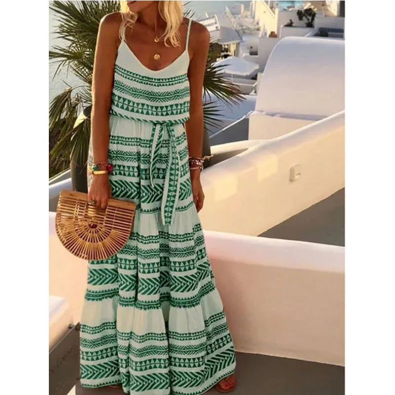 CD | Bohemian Style Print Spaghetti Strap Rochii lungi Femei V-neck Leace-up Casual Beach Camisole Dress 2024 Summer New Lady Vestido