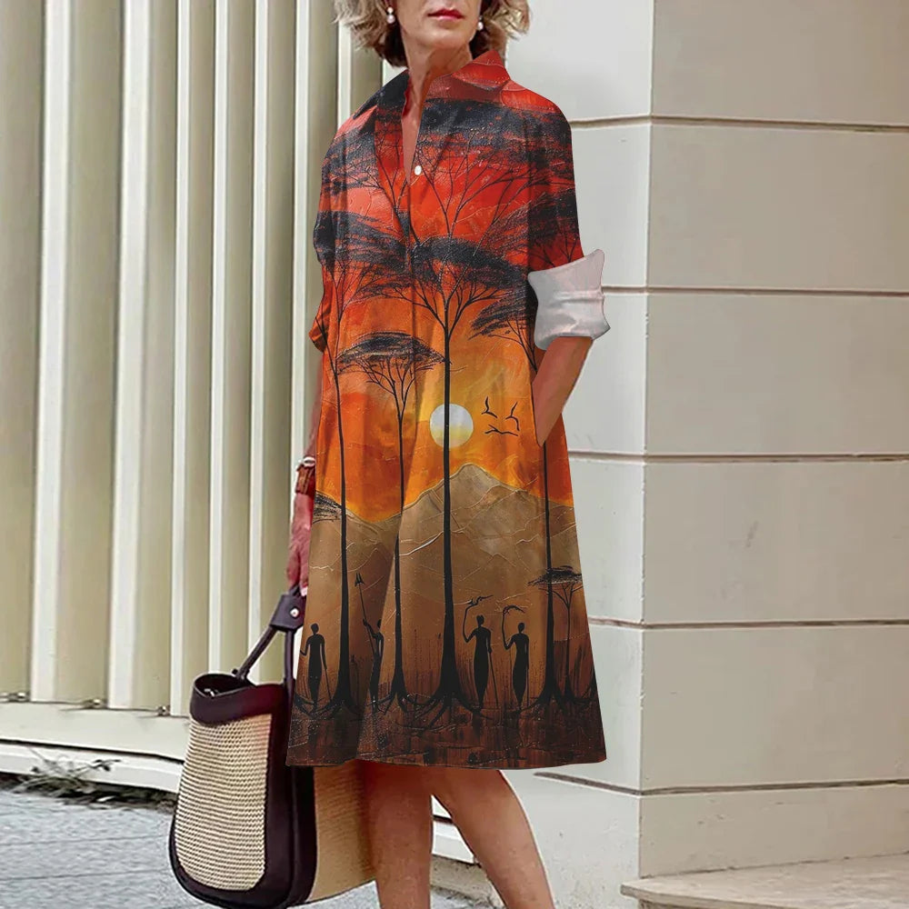 CD | Vara noi femei elegante cămașă Casual femei imprimate maneca lunga moda Lapel Street femei rochii cina partid rochii