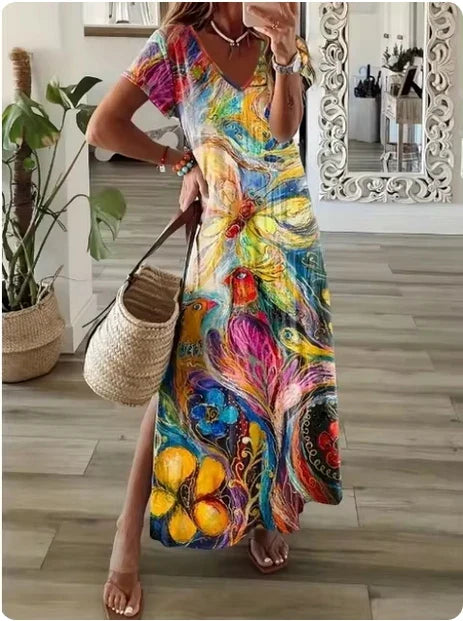 CD | Geometric neregulate imprimate T-shirt rochie lungă Femei de vară rotund gât scurt maneca A-Line rochie Casual Holiday Robe