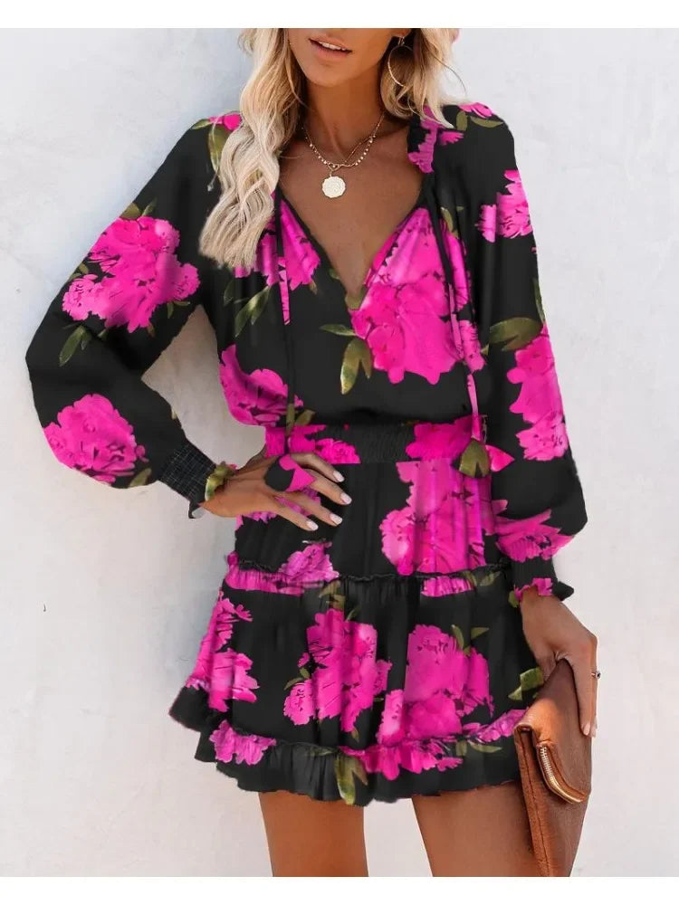 CD | Femei de primăvară Moda Casual florale imprimare Lantern maneca lung maneca V gât Ruffle Mini talie rochie