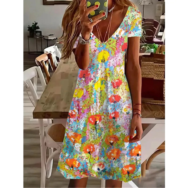 CD | Femei Summer Short Sleeve V-Neck Casual Dress 3D Vintage Floral Printed Elegant Knee-Length Dress S-3XL Lady Vestidos