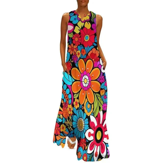 CD | Flower Power Women Rochie Vara Retro Floral Print Street Wear Bohemia Rochie lungă Womens Sleeveless Sexy Maxi Dress Big Size 3XL